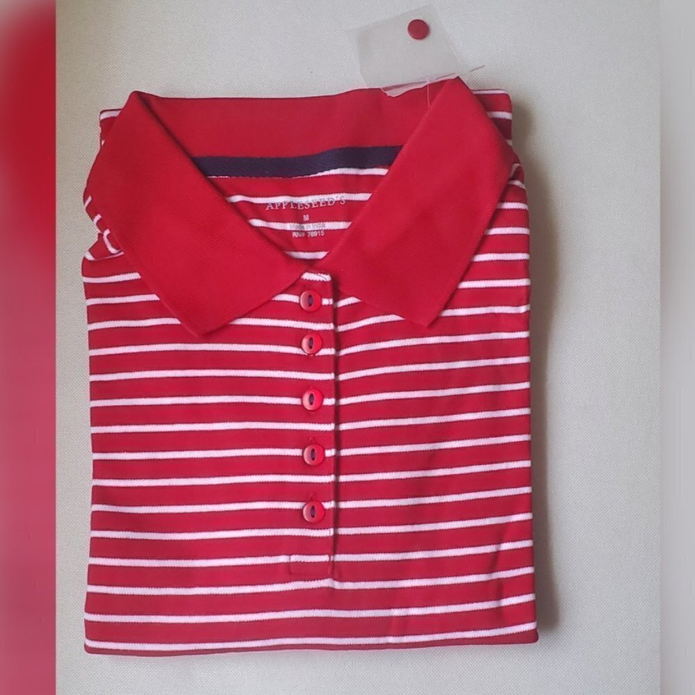 💃 New Women's Red Stripes Appleseed Polo Shirt Size M 🌴 NWT